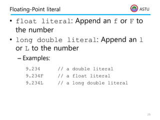 ASTU
Floating-Point literal
• float literal: Append an f or F to
the number
• long double literal: Append an l
or L to the number
– Examples:
9.234 // a double literal
9.234F // a float literal
9.234L // a long double literal
29
 