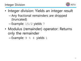 ASTU
Integer Division
• Integer division: Yields an integer result
– Any fractional remainders are dropped
(truncated)
– Example: 15/2 yields 7
• Modulus (remainder) operator: Returns
only the remainder
– Example: 9 % 4 yields 1
34
 