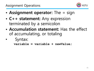 ASTU
Assignment Operations
• Assignment operator: The = sign
• C++ statement: Any expression
terminated by a semicolon
• Accumulation statement: Has the effect
of accumulating, or totaling
• Syntax:
variable = variable + newValue;
45
 