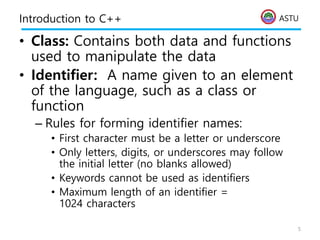 ASTU
Introduction to C++
• Class: Contains both data and functions
used to manipulate the data
• Identifier: A name given to an element
of the language, such as a class or
function
– Rules for forming identifier names:
• First character must be a letter or underscore
• Only letters, digits, or underscores may follow
the initial letter (no blanks allowed)
• Keywords cannot be used as identifiers
• Maximum length of an identifier =
1024 characters
5
 