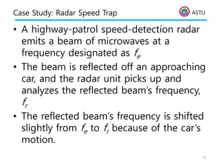 ASTU
Case Study: Radar Speed Trap
• A highway-patrol speed-detection radar
emits a beam of microwaves at a
frequency designated as fe
• The beam is reflected off an approaching
car, and the radar unit picks up and
analyzes the reflected beam’s frequency,
fr
• The reflected beam’s frequency is shifted
slightly from fe to fr because of the car’s
motion.
52
 
