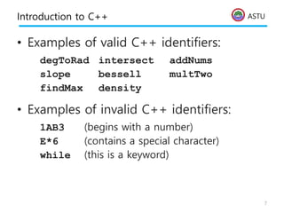 ASTU
Introduction to C++
• Examples of valid C++ identifiers:
degToRad intersect addNums
slope bessell multTwo
findMax density
• Examples of invalid C++ identifiers:
1AB3 (begins with a number)
E*6 (contains a special character)
while (this is a keyword)
7
 