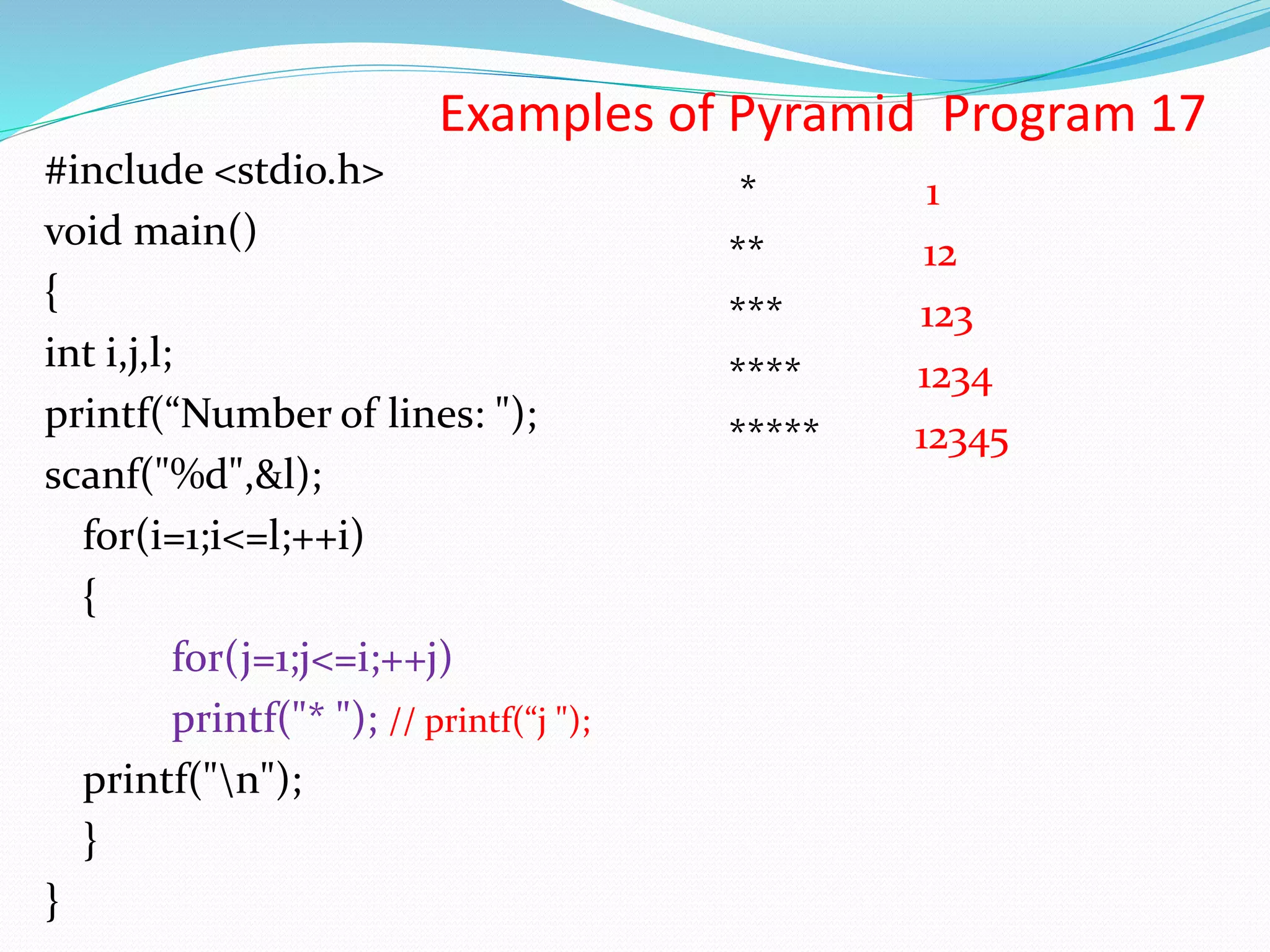 Examples of Pyramid Program 17 #include <stdio.h> void main() { int i,j,l; printf(“Number of lines: "); scanf("%d",&l); for(i=1;i<=l;++i) { for(j=1;j<=i;++j) printf("* "); // printf(“j "); printf("n"); } } * 1 ** 12 *** 123 **** 1234 ***** 12345 