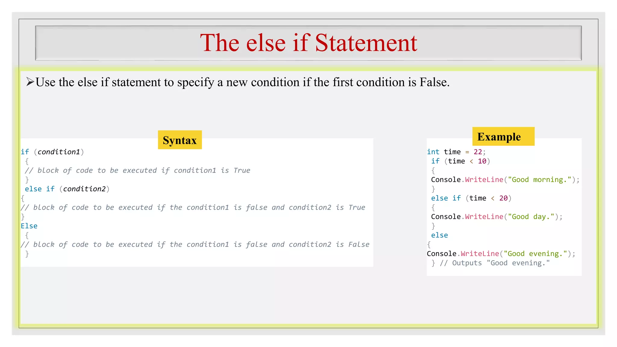 The else if Statement
Use the else if statement to specify a new condition if the first condition is False.
if (condition1)
{
// block of code to be executed if condition1 is True
}
else if (condition2)
{
// block of code to be executed if the condition1 is false and condition2 is True
}
Else
{
// block of code to be executed if the condition1 is false and condition2 is False
}
int time = 22;
if (time < 10)
{
Console.WriteLine("Good morning.");
}
else if (time < 20)
{
Console.WriteLine("Good day.");
}
else
{
Console.WriteLine("Good evening.");
} // Outputs "Good evening."
Syntax Example
 