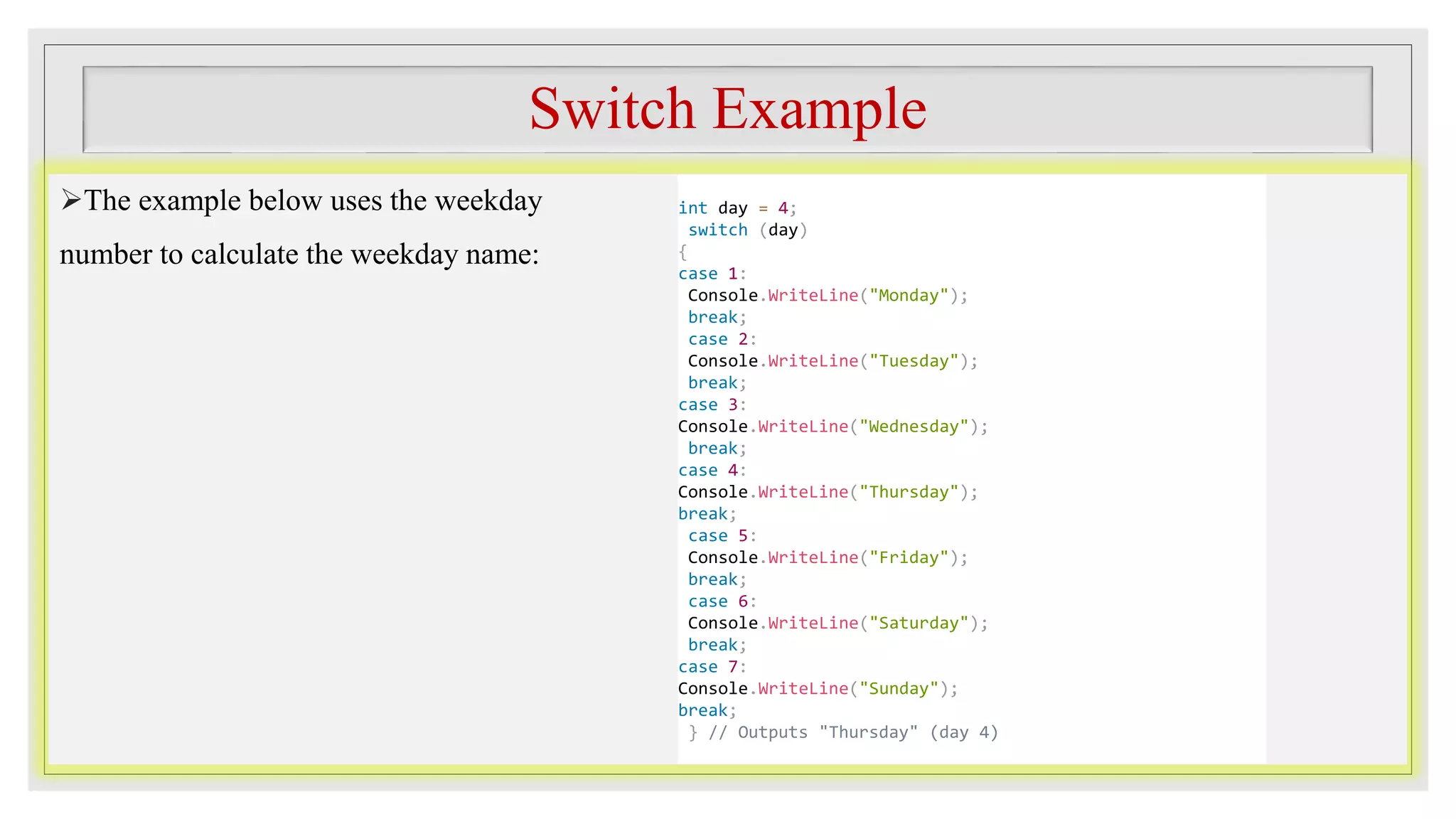 Switch Example
The example below uses the weekday
number to calculate the weekday name:
int day = 4;
switch (day)
{
case 1:
Console.WriteLine("Monday");
break;
case 2:
Console.WriteLine("Tuesday");
break;
case 3:
Console.WriteLine("Wednesday");
break;
case 4:
Console.WriteLine("Thursday");
break;
case 5:
Console.WriteLine("Friday");
break;
case 6:
Console.WriteLine("Saturday");
break;
case 7:
Console.WriteLine("Sunday");
break;
} // Outputs "Thursday" (day 4)
 