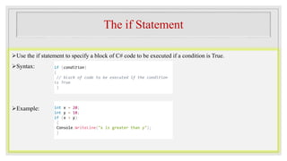 The if Statement
Use the if statement to specify a block of C# code to be executed if a condition is True.
Syntax:
Example:
if (condition)
{
// block of code to be executed if the condition
is True
}
int x = 20;
int y = 18;
if (x > y)
{
Console.WriteLine("x is greater than y");
}
 