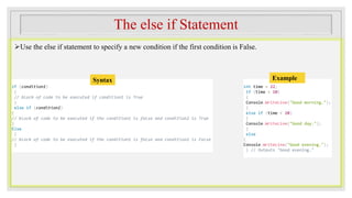 The else if Statement
Use the else if statement to specify a new condition if the first condition is False.
if (condition1)
{
// block of code to be executed if condition1 is True
}
else if (condition2)
{
// block of code to be executed if the condition1 is false and condition2 is True
}
Else
{
// block of code to be executed if the condition1 is false and condition2 is False
}
int time = 22;
if (time < 10)
{
Console.WriteLine("Good morning.");
}
else if (time < 20)
{
Console.WriteLine("Good day.");
}
else
{
Console.WriteLine("Good evening.");
} // Outputs "Good evening."
Syntax Example
 