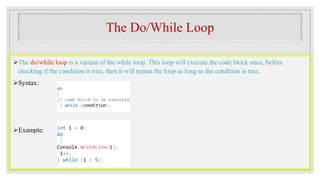 Loops in C# for loops while and do while loop. | PPTX image.