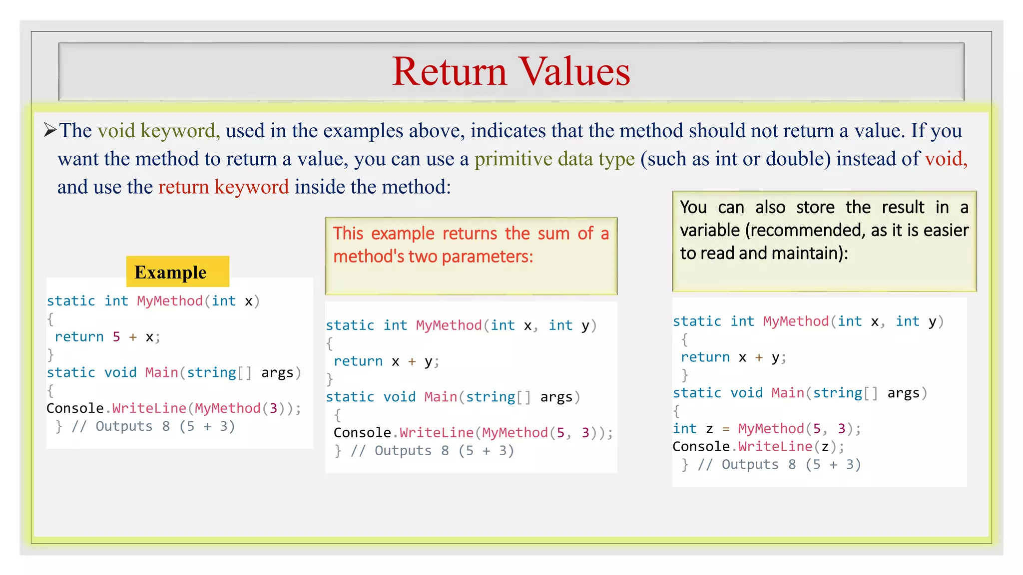 Return Values
The void keyword, used in the examples above, indicates that the method should not return a value. If you
want the method to return a value, you can use a primitive data type (such as int or double) instead of void,
and use the return keyword inside the method:
This example returns the sum of a
method's two parameters:
static int MyMethod(int x)
{
return 5 + x;
}
static void Main(string[] args)
{
Console.WriteLine(MyMethod(3));
} // Outputs 8 (5 + 3)
Example
static int MyMethod(int x, int y)
{
return x + y;
}
static void Main(string[] args)
{
Console.WriteLine(MyMethod(5, 3));
} // Outputs 8 (5 + 3)
static int MyMethod(int x, int y)
{
return x + y;
}
static void Main(string[] args)
{
int z = MyMethod(5, 3);
Console.WriteLine(z);
} // Outputs 8 (5 + 3)
You can also store the result in a
variable (recommended, as it is easier
to read and maintain):
 