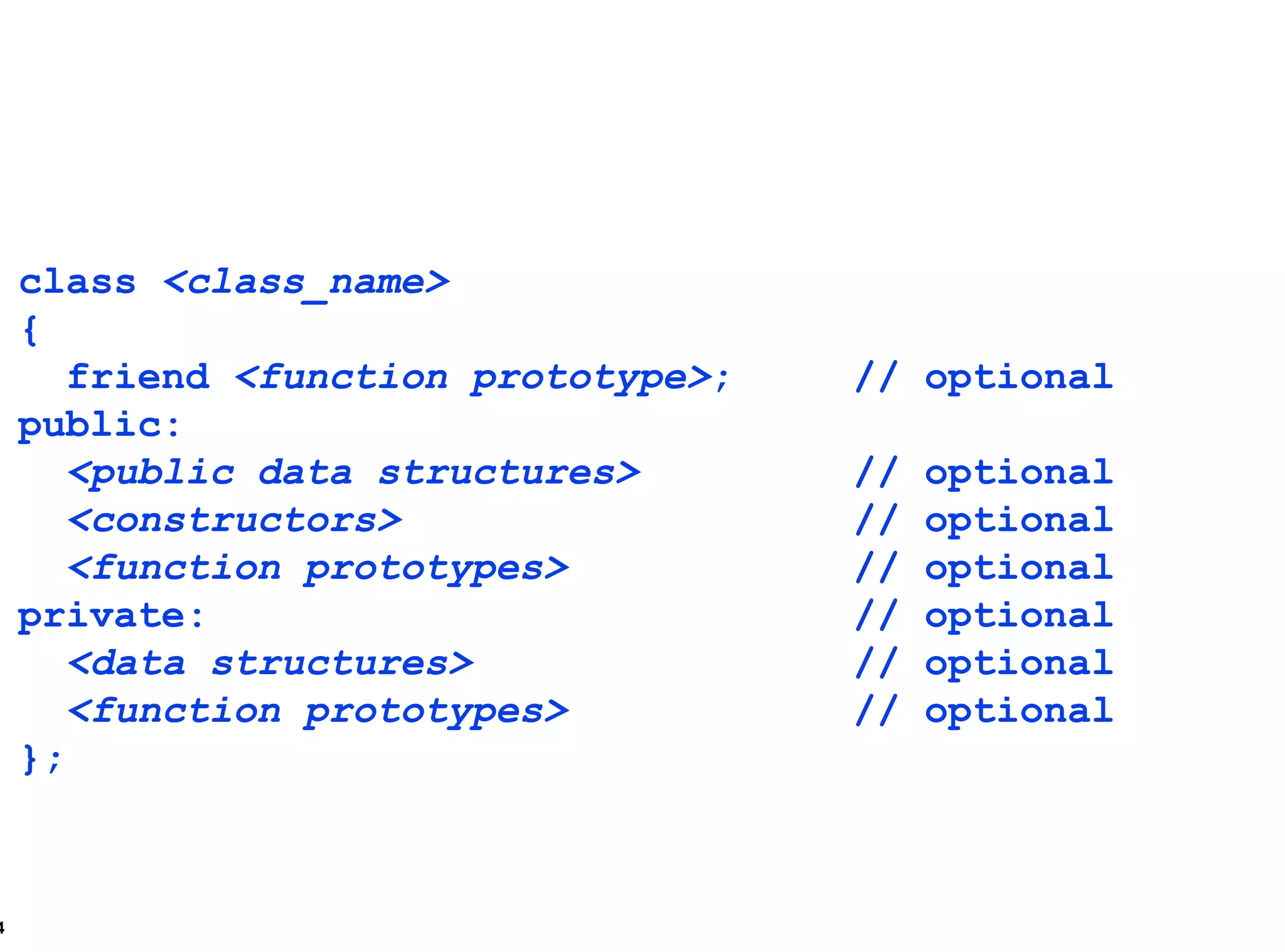 class  <class_name> { friend  <function prototype> ; // optional public: <public data structures> // optional <constructors> // optional <function prototypes> // optional private: // optional <data structures> // optional <function prototypes> // optional }; 