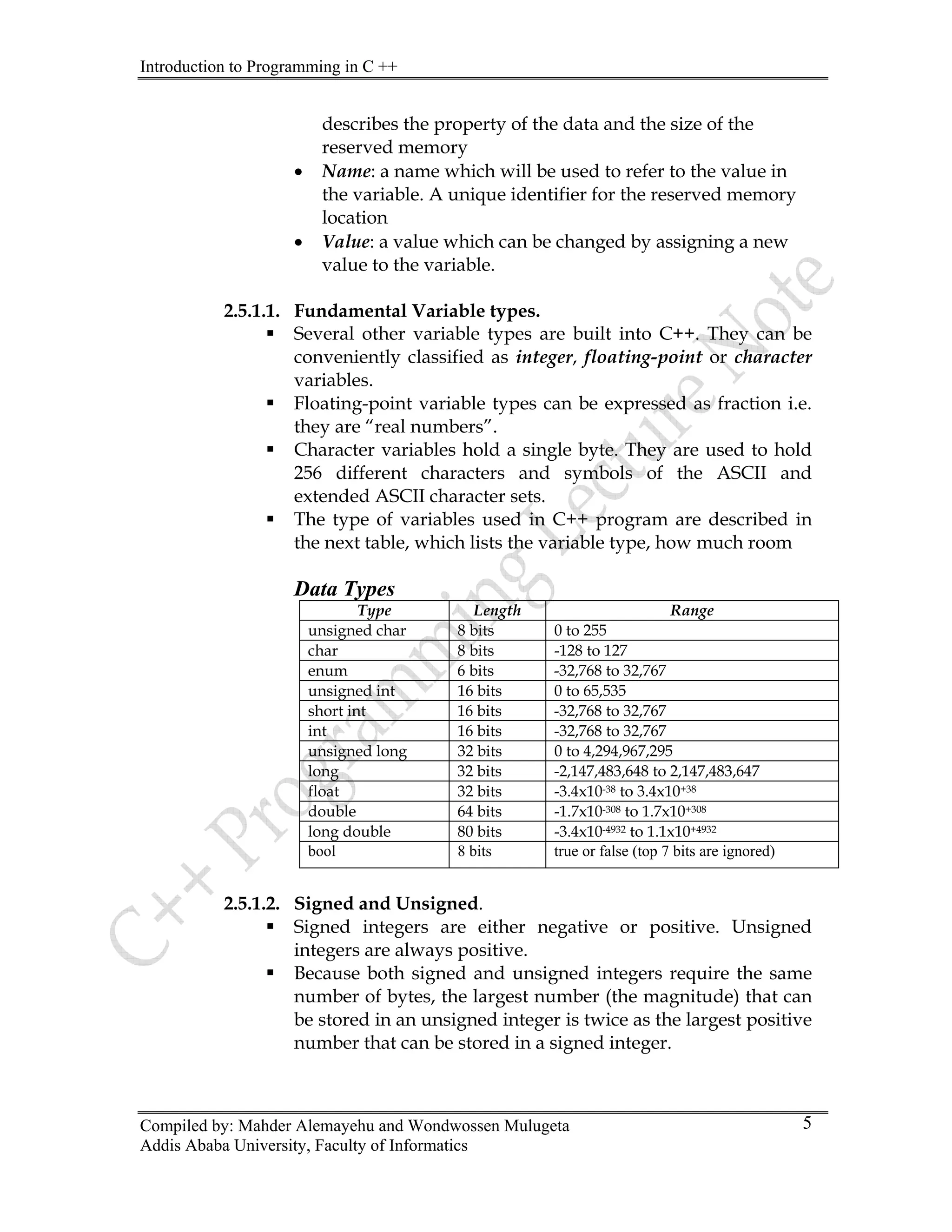 Introduction to Programming in C ++
Compiled by: Mahder Alemayehu and Wondwossen Mulugeta
Addis Ababa University, Faculty of Informatics
5
describes the property of the data and the size of the
reserved memory
• Name: a name which will be used to refer to the value in
the variable. A unique identifier for the reserved memory
location
• Value: a value which can be changed by assigning a new
value to the variable.
2.5.1.1. Fundamental Variable types.
ƒ Several other variable types are built into C++. They can be
conveniently classified as integer, floating-point or character
variables.
ƒ Floating-point variable types can be expressed as fraction i.e.
they are “real numbers”.
ƒ Character variables hold a single byte. They are used to hold
256 different characters and symbols of the ASCII and
extended ASCII character sets.
ƒ The type of variables used in C++ program are described in
the next table, which lists the variable type, how much room
Data Types
Type Length Range
unsigned char 8 bits 0 to 255
char 8 bits -128 to 127
enum 6 bits -32,768 to 32,767
unsigned int 16 bits 0 to 65,535
short int 16 bits -32,768 to 32,767
int 16 bits -32,768 to 32,767
unsigned long 32 bits 0 to 4,294,967,295
long 32 bits -2,147,483,648 to 2,147,483,647
float 32 bits -3.4x10-38 to 3.4x10+38
double 64 bits -1.7x10-308 to 1.7x10+308
long double 80 bits -3.4x10-4932 to 1.1x10+4932
bool 8 bits true or false (top 7 bits are ignored)
2.5.1.2. Signed and Unsigned.
ƒ Signed integers are either negative or positive. Unsigned
integers are always positive.
ƒ Because both signed and unsigned integers require the same
number of bytes, the largest number (the magnitude) that can
be stored in an unsigned integer is twice as the largest positive
number that can be stored in a signed integer.
 