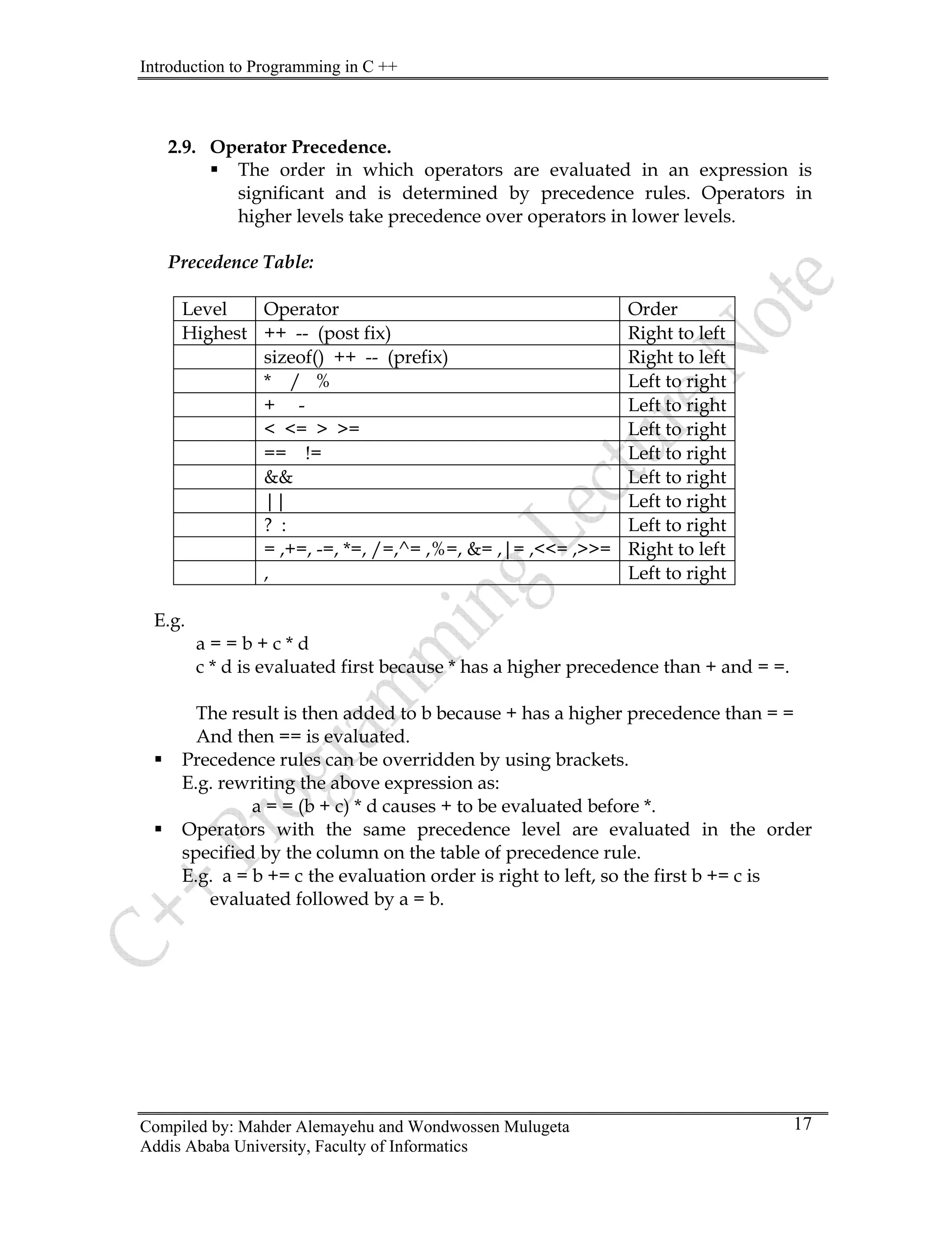 Introduction to Programming in C ++
Compiled by: Mahder Alemayehu and Wondwossen Mulugeta
Addis Ababa University, Faculty of Informatics
17
2.9. Operator Precedence.
ƒ The order in which operators are evaluated in an expression is
significant and is determined by precedence rules. Operators in
higher levels take precedence over operators in lower levels.
Precedence Table:
Level Operator Order
Highest ++ -- (post fix) Right to left
sizeof() ++ -- (prefix) Right to left
* / % Left to right
+ - Left to right
< <= > >= Left to right
== != Left to right
&& Left to right
|| Left to right
? : Left to right
= ,+=, -=, *=, /=,^= ,%=, &= ,|= ,<<= ,>>= Right to left
, Left to right
E.g.
a = = b + c * d
c * d is evaluated first because * has a higher precedence than + and = =.
The result is then added to b because + has a higher precedence than = =
And then == is evaluated.
ƒ Precedence rules can be overridden by using brackets.
E.g. rewriting the above expression as:
a = = (b + c) * d causes + to be evaluated before *.
ƒ Operators with the same precedence level are evaluated in the order
specified by the column on the table of precedence rule.
E.g. a = b += c the evaluation order is right to left, so the first b += c is
evaluated followed by a = b.
 