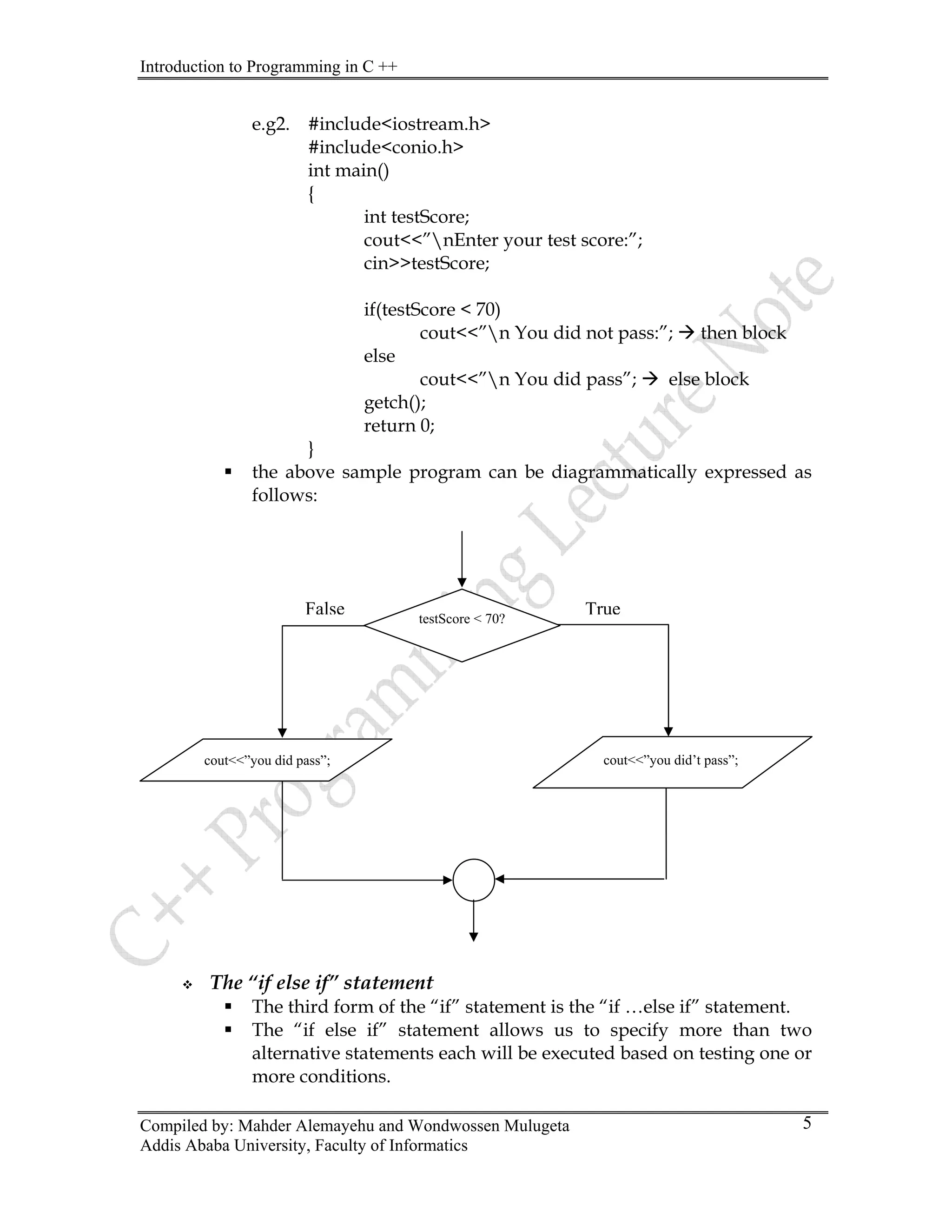 Introduction to Programming in C ++
Compiled by: Mahder Alemayehu and Wondwossen Mulugeta
Addis Ababa University, Faculty of Informatics
5
.g2. #include<iostream.h>
t testScore;
r test score:”;
ore < 70)
id not pass:”; Æ then block
<<”n You did pass”; Æ else block
ƒ ple program can be diagrammatically expressed as
™ The “if else if” statement
f” statement is the “if …else if” statement.
o
e
#include<conio.h>
int main()
{
in
cout<<”nEnter you
cin>>testScore;
if(testSc
cout<<”n You d
else
cout
getch();
return 0;
}
the above sam
follows:
ƒ The third form of the “i
ƒ The “if else if” statement allows us to specify more than tw
alternative statements each will be executed based on testing one or
more conditions.
False True
testScore < 70?
cout<<”you did’t pass”;
cout<<”you did pass”;
 
