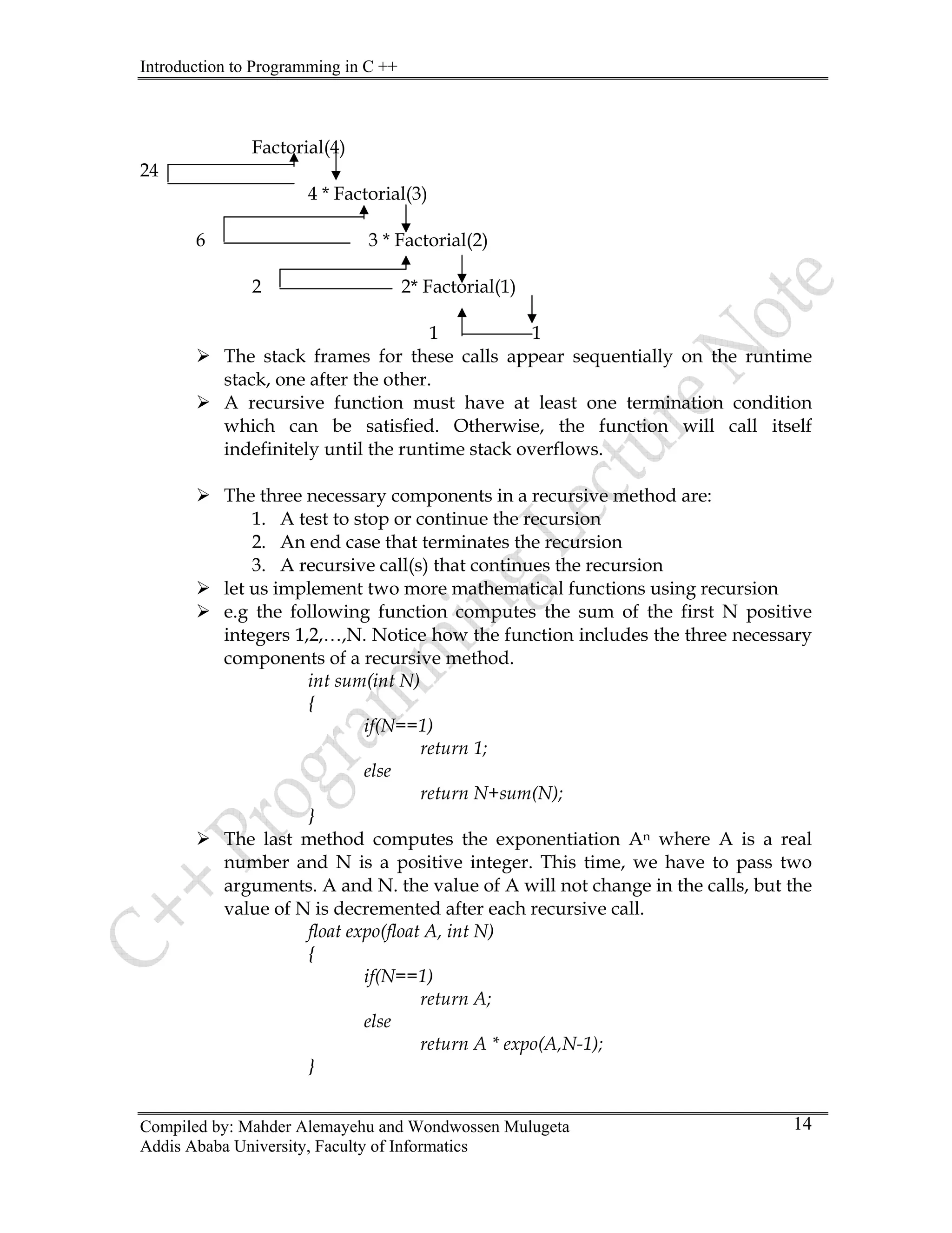 Introduction to Programming in C ++
Compiled by: Mahder Alemayehu and Wondwossen Mulugeta
Factorial(4)
24
4 * Factorial(3)
Addis Ababa University, Faculty of Informatics
14
6 3 * Factorial(2)
2 2* Factorial(1)
1 1
¾ The stack frames for these calls appear sequentially on the runtime
stack, one after the other.
¾ A recursive function must have at least one termination condition
which can be satisfied. Otherwise, the function will call itself
indefinitely until the runtime stack overflows.
¾ The three necessary components in a recursive method are:
1. A test to stop or continue the recursion
2. An end case that terminates the recursion
3. A recursive call(s) that continues the recursion
¾ let us implement two more mathematical functions using recursion
¾ e.g the following function computes the sum of the first N positive
integers 1,2,…,N. Notice how the function includes the three necessary
components of a recursive method.
int sum(int N)
{
if(N==1)
return 1;
else
return N+sum(N);
}
¾ The last method computes the exponentiation An where A is a real
number and N is a positive integer. This time, we have to pass two
arguments. A and N. the value of A will not change in the calls, but the
value of N is decremented after each recursive call.
float expo(float A, int N)
{
if(N==1)
return A;
else
return A * expo(A,N-1);
}
 