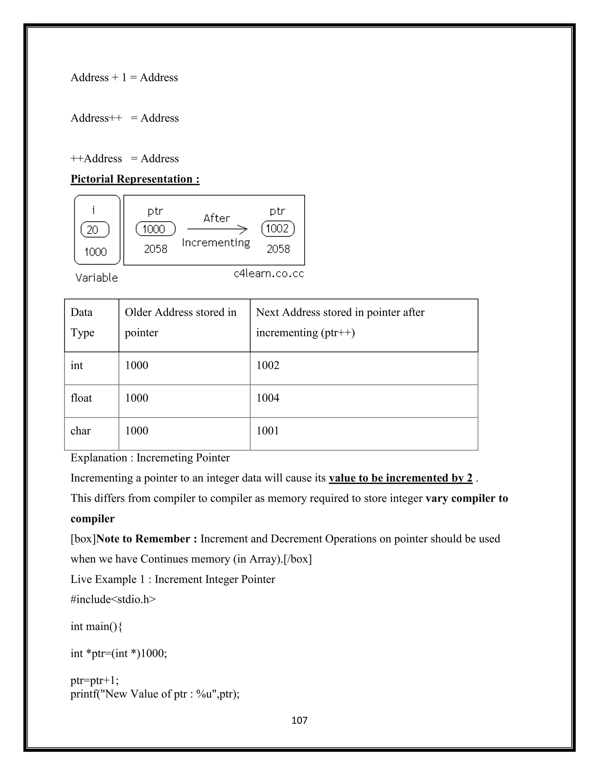 107
Address + 1 = Address
Address++ = Address
++Address = Address
Pictorial Representation :
Data
Type
Older Address stored in
pointer
Next Address stored in pointer after
incrementing (ptr++)
int 1000 1002
float 1000 1004
char 1000 1001
Explanation : Incremeting Pointer
Incrementing a pointer to an integer data will cause its value to be incremented by 2 .
This differs from compiler to compiler as memory required to store integer vary compiler to
compiler
[box]Note to Remember : Increment and Decrement Operations on pointer should be used
when we have Continues memory (in Array).[/box]
Live Example 1 : Increment Integer Pointer
#include<stdio.h>
int main(){
int *ptr=(int *)1000;
ptr=ptr+1;
printf("New Value of ptr : %u",ptr);
 
