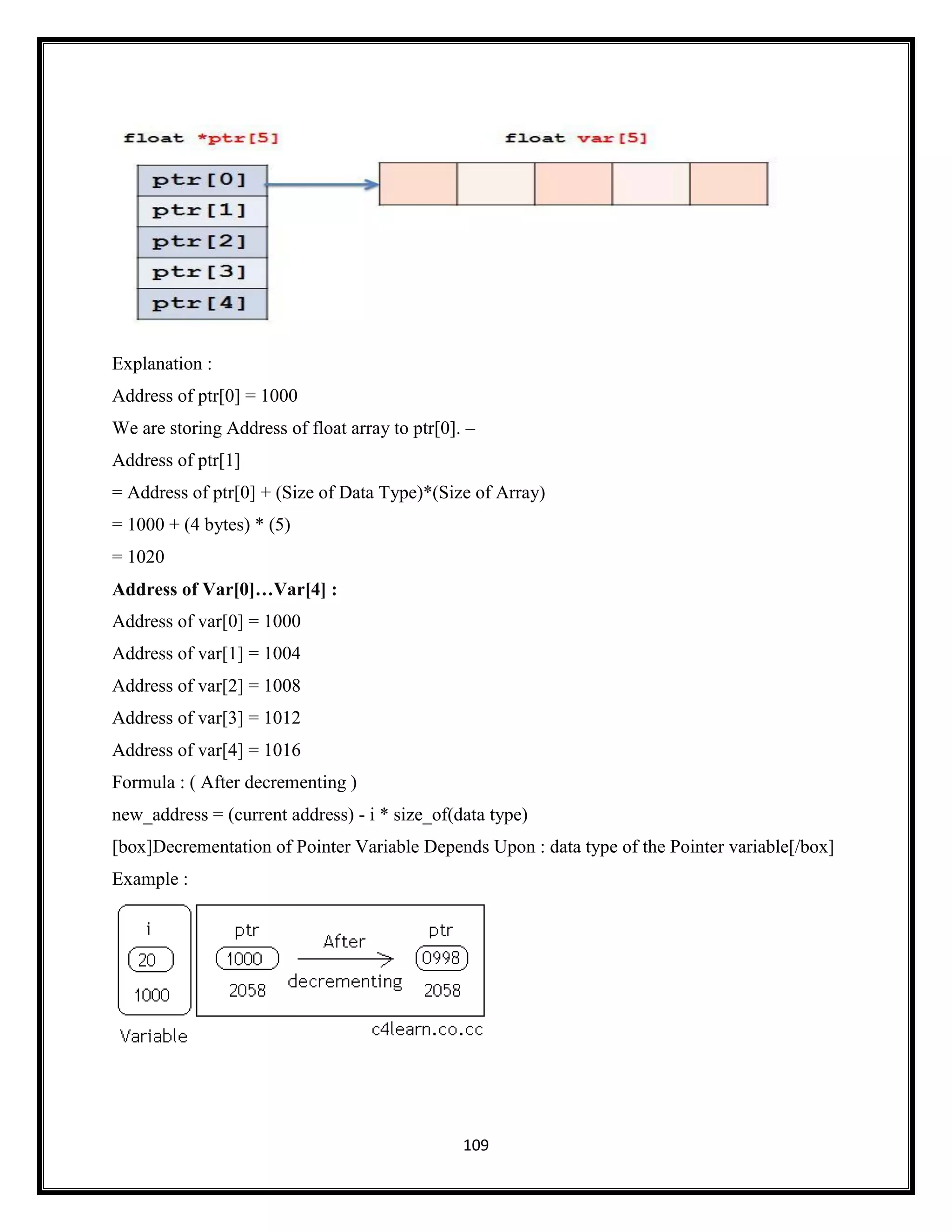 109
Explanation :
Address of ptr[0] = 1000
We are storing Address of float array to ptr[0]. –
Address of ptr[1]
= Address of ptr[0] + (Size of Data Type)*(Size of Array)
= 1000 + (4 bytes) * (5)
= 1020
Address of Var[0]…Var[4] :
Address of var[0] = 1000
Address of var[1] = 1004
Address of var[2] = 1008
Address of var[3] = 1012
Address of var[4] = 1016
Formula : ( After decrementing )
new_address = (current address) - i * size_of(data type)
[box]Decrementation of Pointer Variable Depends Upon : data type of the Pointer variable[/box]
Example :
 