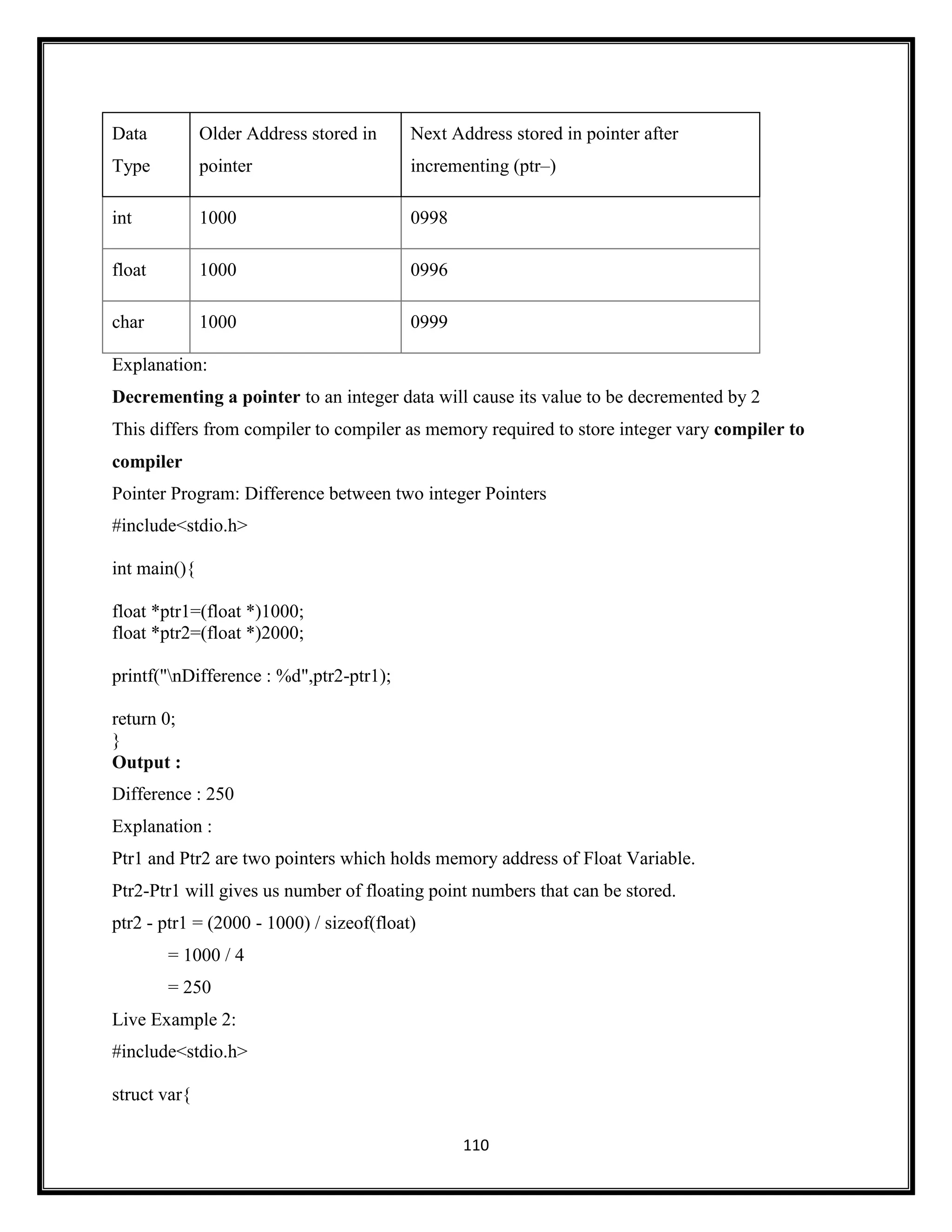 110
Data
Type
Older Address stored in
pointer
Next Address stored in pointer after
incrementing (ptr–)
int 1000 0998
float 1000 0996
char 1000 0999
Explanation:
Decrementing a pointer to an integer data will cause its value to be decremented by 2
This differs from compiler to compiler as memory required to store integer vary compiler to
compiler
Pointer Program: Difference between two integer Pointers
#include<stdio.h>
int main(){
float *ptr1=(float *)1000;
float *ptr2=(float *)2000;
printf("nDifference : %d",ptr2-ptr1);
return 0;
}
Output :
Difference : 250
Explanation :
Ptr1 and Ptr2 are two pointers which holds memory address of Float Variable.
Ptr2-Ptr1 will gives us number of floating point numbers that can be stored.
ptr2 - ptr1 = (2000 - 1000) / sizeof(float)
= 1000 / 4
= 250
Live Example 2:
#include<stdio.h>
struct var{
 