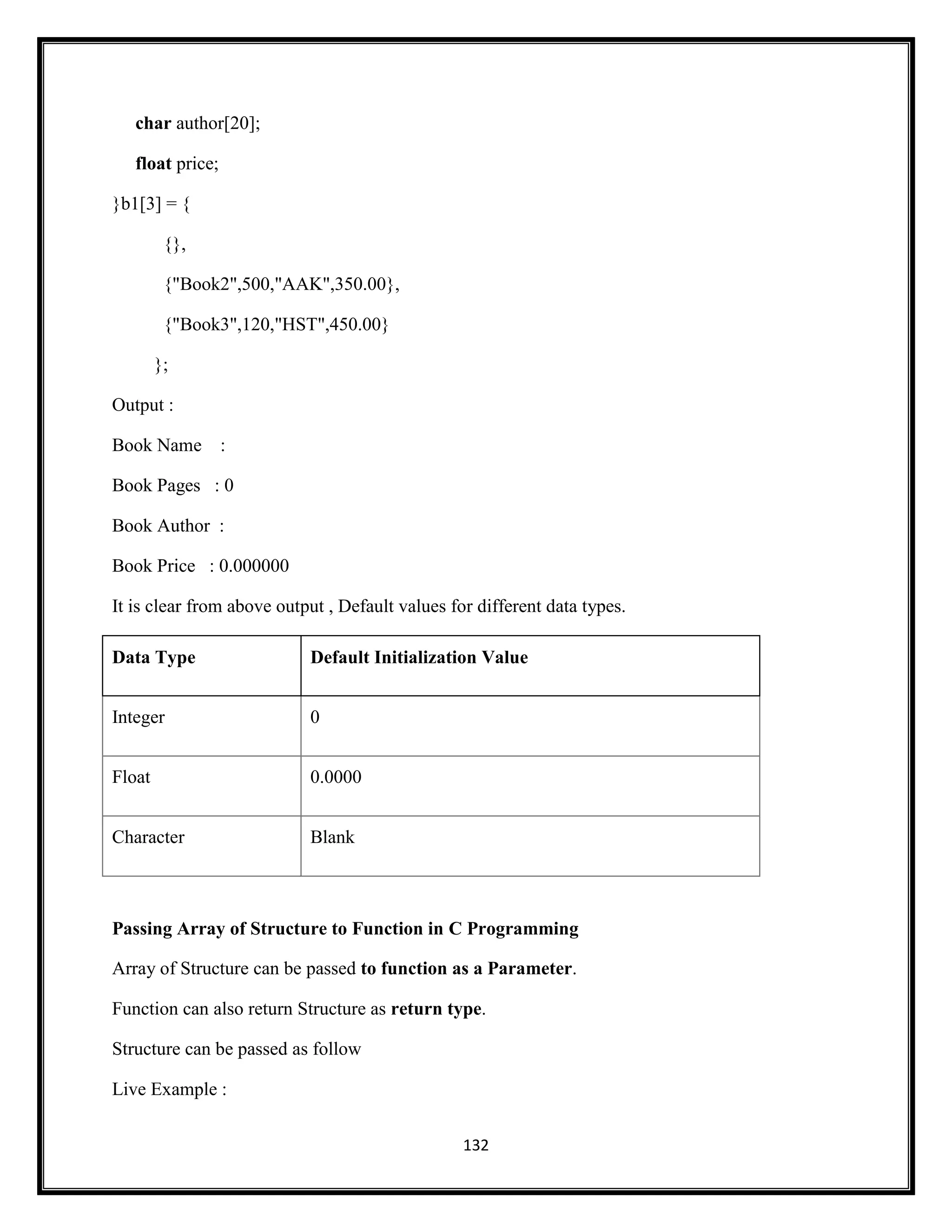 132
char author[20];
float price;
}b1[3] = {
{},
{"Book2",500,"AAK",350.00},
{"Book3",120,"HST",450.00}
};
Output :
Book Name :
Book Pages : 0
Book Author :
Book Price : 0.000000
It is clear from above output , Default values for different data types.
Data Type Default Initialization Value
Integer 0
Float 0.0000
Character Blank
Passing Array of Structure to Function in C Programming
Array of Structure can be passed to function as a Parameter.
Function can also return Structure as return type.
Structure can be passed as follow
Live Example :
 