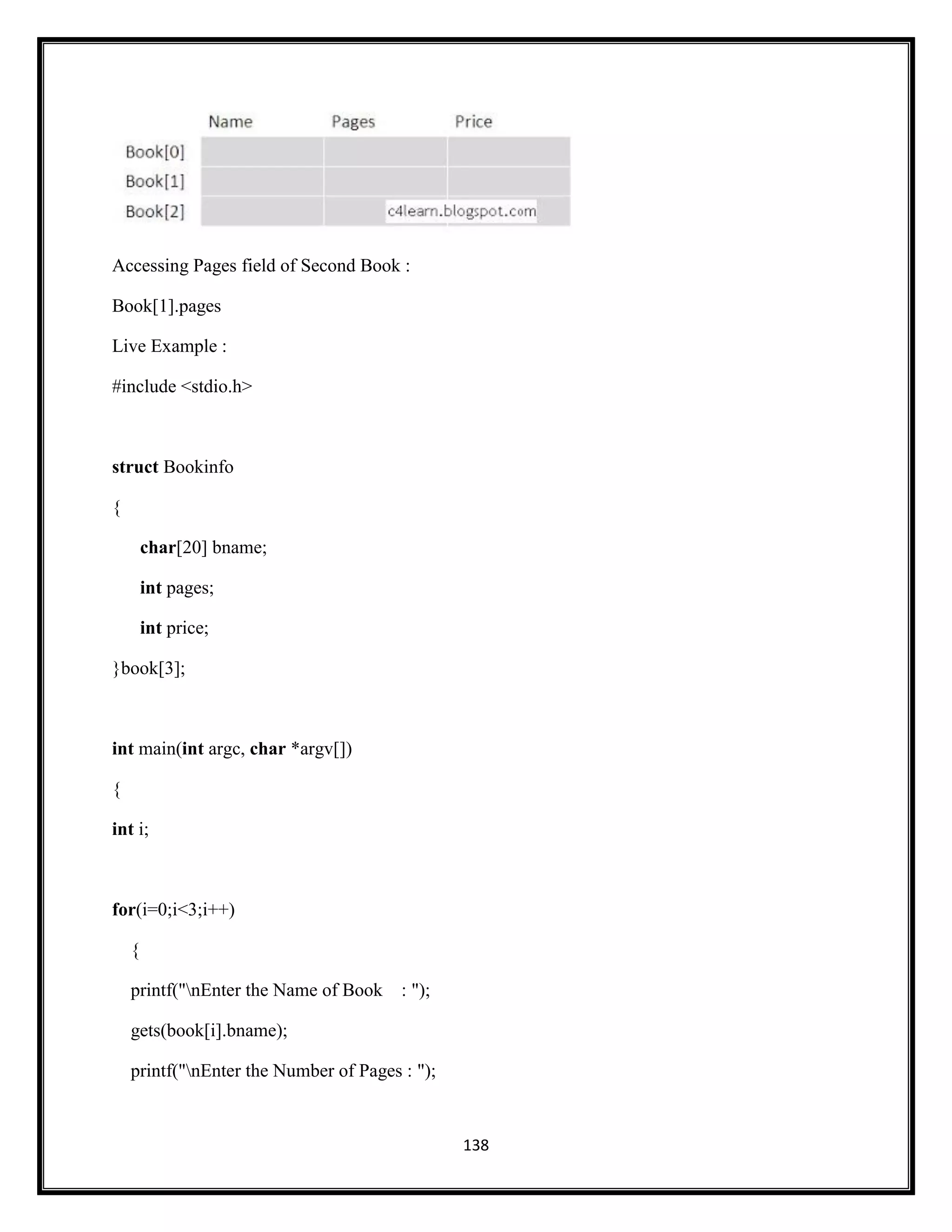 138
Accessing Pages field of Second Book :
Book[1].pages
Live Example :
#include <stdio.h>
struct Bookinfo
{
char[20] bname;
int pages;
int price;
}book[3];
int main(int argc, char *argv[])
{
int i;
for(i=0;i<3;i++)
{
printf("nEnter the Name of Book : ");
gets(book[i].bname);
printf("nEnter the Number of Pages : ");
 