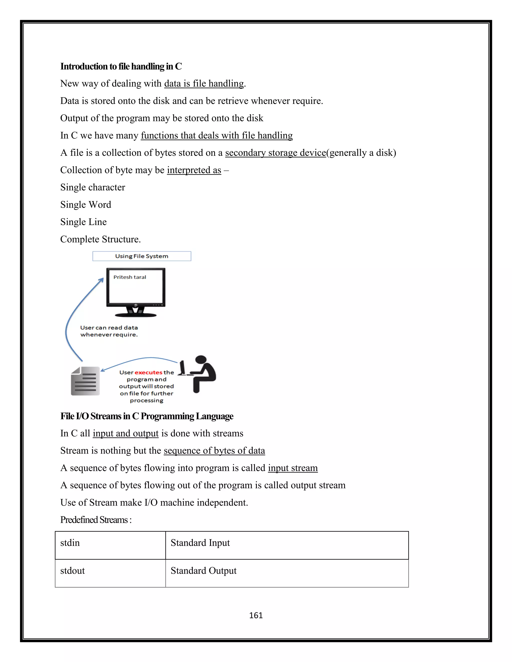 161
IntroductiontofilehandlinginC
New way of dealing with data is file handling.
Data is stored onto the disk and can be retrieve whenever require.
Output of the program may be stored onto the disk
In C we have many functions that deals with file handling
A file is a collection of bytes stored on a secondary storage device(generally a disk)
Collection of byte may be interpreted as –
Single character
Single Word
Single Line
Complete Structure.
FileI/OStreamsinCProgrammingLanguage
In C all input and output is done with streams
Stream is nothing but the sequence of bytes of data
A sequence of bytes flowing into program is called input stream
A sequence of bytes flowing out of the program is called output stream
Use of Stream make I/O machine independent.
PredefinedStreams:
stdin Standard Input
stdout Standard Output
 