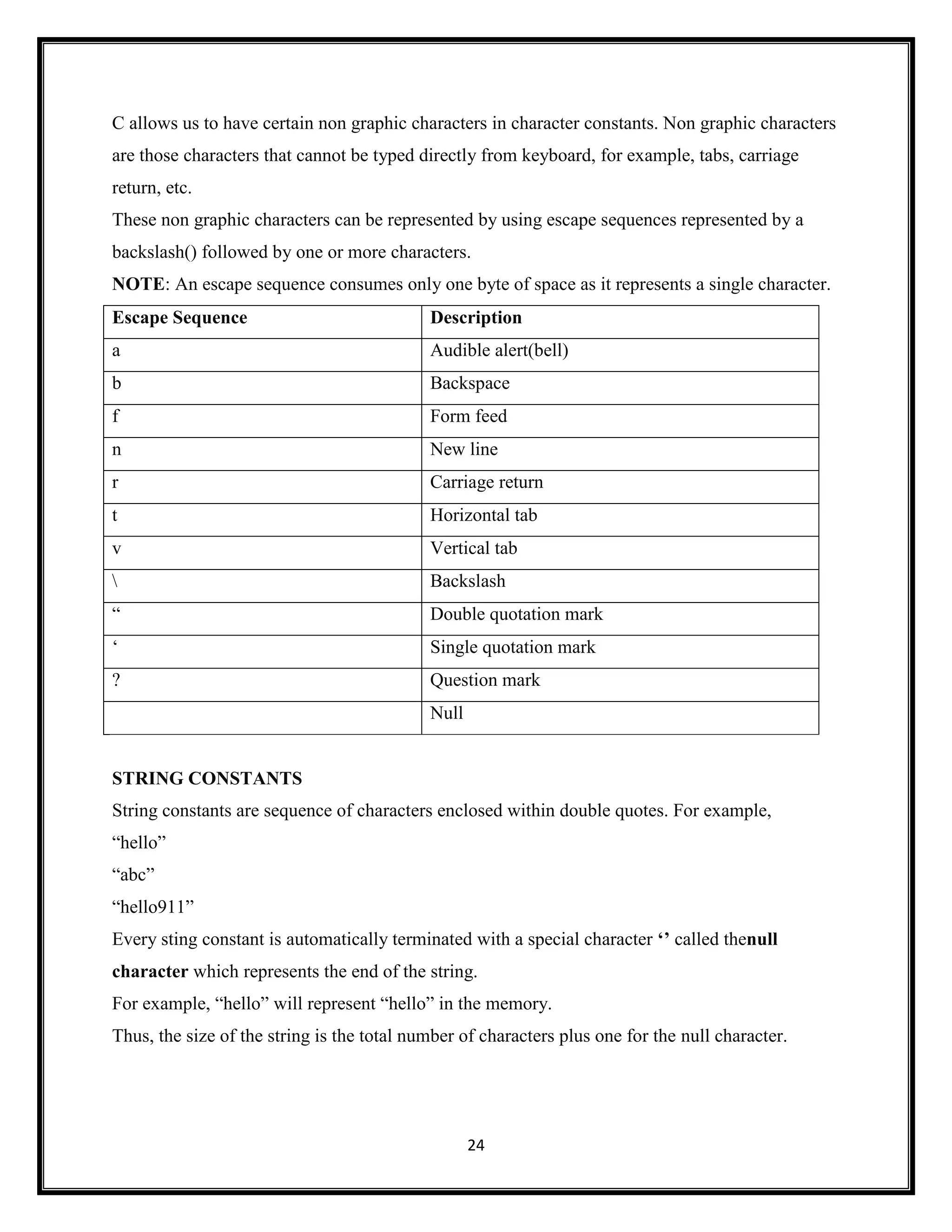 24
C allows us to have certain non graphic characters in character constants. Non graphic characters
are those characters that cannot be typed directly from keyboard, for example, tabs, carriage
return, etc.
These non graphic characters can be represented by using escape sequences represented by a
backslash() followed by one or more characters.
NOTE: An escape sequence consumes only one byte of space as it represents a single character.
Escape Sequence Description
a Audible alert(bell)
b Backspace
f Form feed
n New line
r Carriage return
t Horizontal tab
v Vertical tab
 Backslash
― Double quotation mark
‗ Single quotation mark
? Question mark
Null
STRING CONSTANTS
String constants are sequence of characters enclosed within double quotes. For example,
―hello‖
―abc‖
―hello911‖
Every sting constant is automatically terminated with a special character „‟ called thenull
character which represents the end of the string.
For example, ―hello‖ will represent ―hello‖ in the memory.
Thus, the size of the string is the total number of characters plus one for the null character.
 