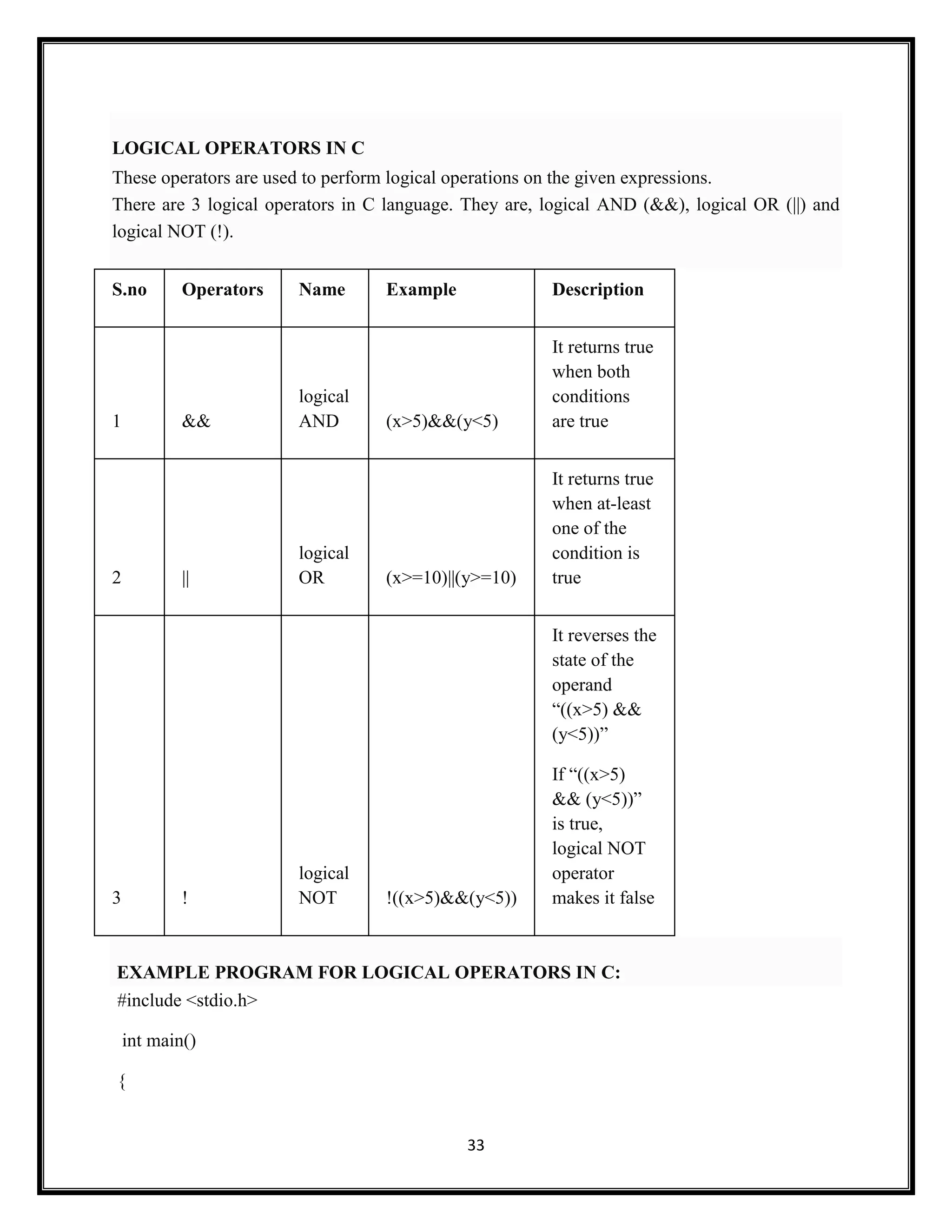 33
LOGICAL OPERATORS IN C
These operators are used to perform logical operations on the given expressions.
There are 3 logical operators in C language. They are, logical AND (&&), logical OR (||) and
logical NOT (!).
S.no Operators Name Example Description
1 &&
logical
AND (x>5)&&(y<5)
It returns true
when both
conditions
are true
2 ||
logical
OR (x>=10)||(y>=10)
It returns true
when at-least
one of the
condition is
true
3 !
logical
NOT !((x>5)&&(y<5))
It reverses the
state of the
operand
―((x>5) &&
(y<5))‖
If ―((x>5)
&& (y<5))‖
is true,
logical NOT
operator
makes it false
EXAMPLE PROGRAM FOR LOGICAL OPERATORS IN C:
#include <stdio.h>
int main()
{
 