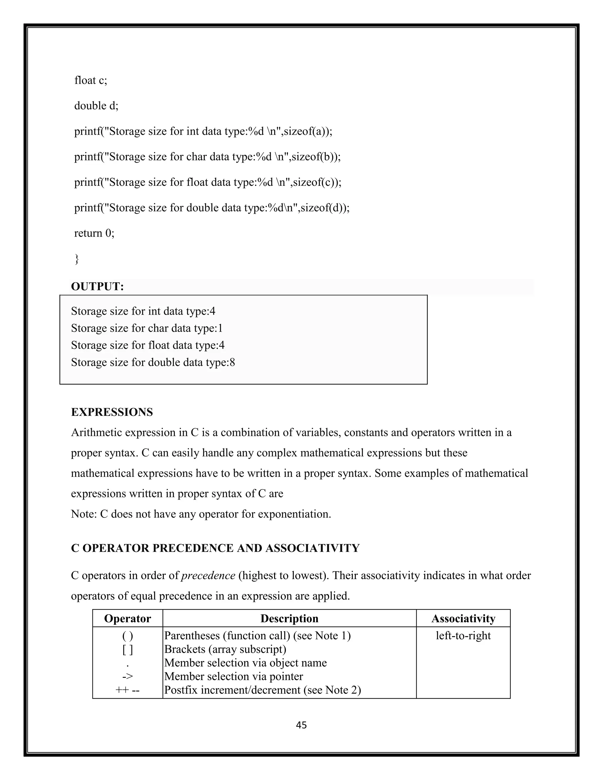 45
float c;
double d;
printf("Storage size for int data type:%d n",sizeof(a));
printf("Storage size for char data type:%d n",sizeof(b));
printf("Storage size for float data type:%d n",sizeof(c));
printf("Storage size for double data type:%dn",sizeof(d));
return 0;
}
OUTPUT:
Storage size for int data type:4
Storage size for char data type:1
Storage size for float data type:4
Storage size for double data type:8
EXPRESSIONS
Arithmetic expression in C is a combination of variables, constants and operators written in a
proper syntax. C can easily handle any complex mathematical expressions but these
mathematical expressions have to be written in a proper syntax. Some examples of mathematical
expressions written in proper syntax of C are
Note: C does not have any operator for exponentiation.
C OPERATOR PRECEDENCE AND ASSOCIATIVITY
C operators in order of precedence (highest to lowest). Their associativity indicates in what order
operators of equal precedence in an expression are applied.
Operator Description Associativity
( )
[ ]
.
->
++ --
Parentheses (function call) (see Note 1)
Brackets (array subscript)
Member selection via object name
Member selection via pointer
Postfix increment/decrement (see Note 2)
left-to-right
 