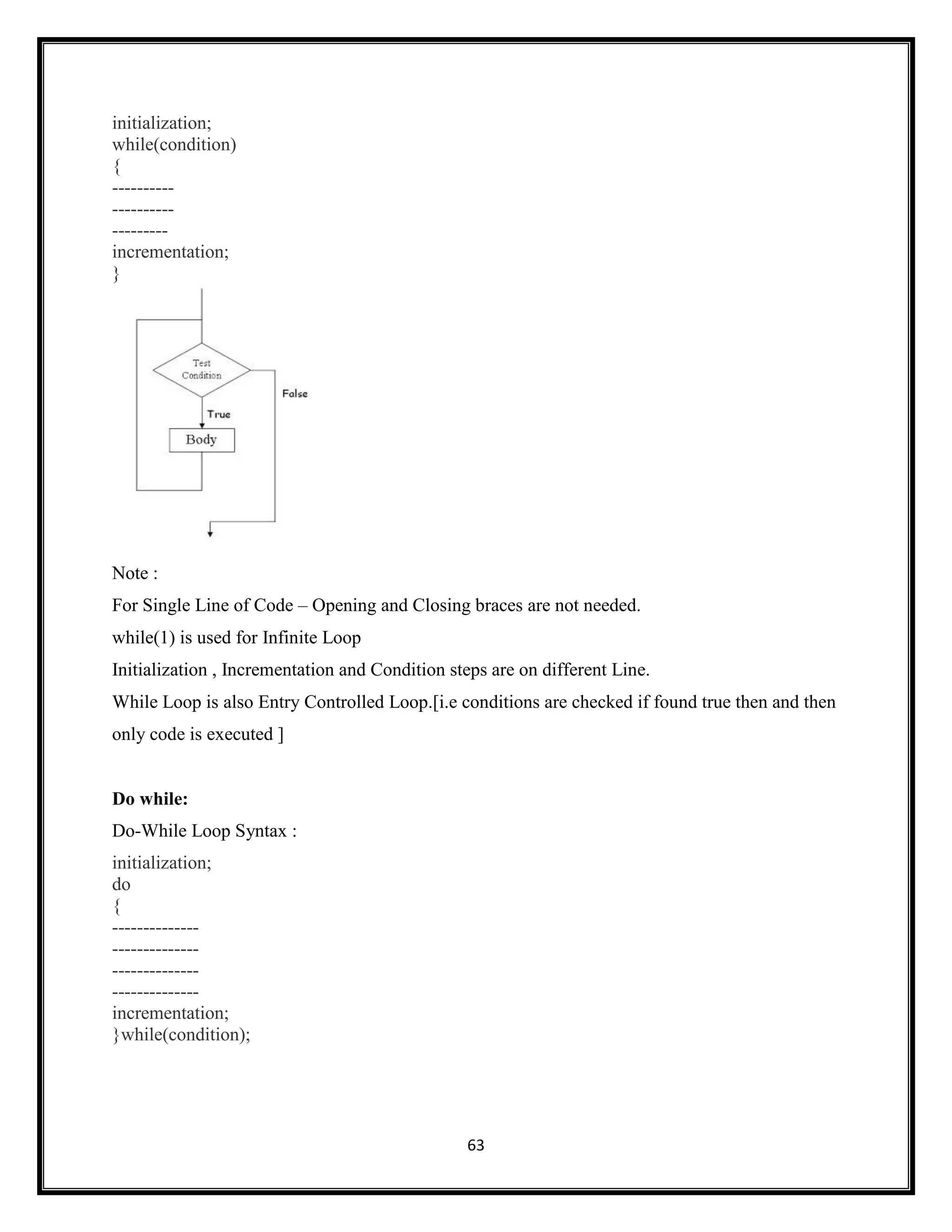 63
initialization;
while(condition)
{
----------
----------
---------
incrementation;
}
Note :
For Single Line of Code – Opening and Closing braces are not needed.
while(1) is used for Infinite Loop
Initialization , Incrementation and Condition steps are on different Line.
While Loop is also Entry Controlled Loop.[i.e conditions are checked if found true then and then
only code is executed ]
Do while:
Do-While Loop Syntax :
initialization;
do
{
--------------
--------------
--------------
--------------
incrementation;
}while(condition);
 