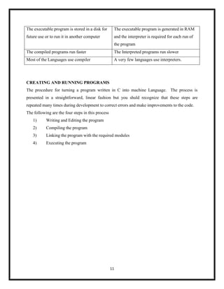 11
The executable program is stored in a disk for
future use or to run it in another computer
The executable program is generated in RAM
and the interpreter is required for each run of
the program
The compiled programs run faster The Interpreted programs run slower
Most of the Languages use compiler A very few languages use interpreters.
CREATING AND RUNNING PROGRAMS
The procedure for turning a program written in C into machine Language. The process is
presented in a straightforward, linear fashion but you shuld recognize that these steps are
repeated many times during development to correct errors and make improvements to the code.
The following are the four steps in this process
1) Writing and Editing the program
2) Compiling the program
3) Linking the program with the required modules
4) Executing the program
 