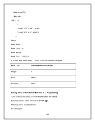 132
char author[20];
float price;
}b1[3] = {
{},
{"Book2",500,"AAK",350.00},
{"Book3",120,"HST",450.00}
};
Output :
Book Name :
Book Pages : 0
Book Author :
Book Price : 0.000000
It is clear from above output , Default values for different data types.
Data Type Default Initialization Value
Integer 0
Float 0.0000
Character Blank
Passing Array of Structure to Function in C Programming
Array of Structure can be passed to function as a Parameter.
Function can also return Structure as return type.
Structure can be passed as follow
Live Example :
 