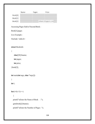 138
Accessing Pages field of Second Book :
Book[1].pages
Live Example :
#include <stdio.h>
struct Bookinfo
{
char[20] bname;
int pages;
int price;
}book[3];
int main(int argc, char *argv[])
{
int i;
for(i=0;i<3;i++)
{
printf("nEnter the Name of Book : ");
gets(book[i].bname);
printf("nEnter the Number of Pages : ");
 