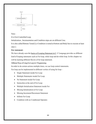 64
Note :
It is Exit Controlled Loop.
Initialization , Incrementation and Condition steps are on different Line.
It is also called Bottom Tested [i.e Condition is tested at bottom and Body has to execute at least
once ]
For statement:
We have already seen the basics of Looping Statement in C. C Language provides us different
kind of looping statements such as For loop, while loop and do-while loop. In this chapter we
will be learning different flavors of for loop statement.
DifferentWaysofUsingForLoopinCProgramming
In order to do certain actions multiple times, we use loop control statements.
For loop can be implemented in different verities of using for loop –
 Single Statement inside For Loop
 Multiple Statements inside For Loop
 No Statement inside For Loop
 Semicolon at the end of For Loop
 Multiple Initialization Statement inside For
 Missing Initialization in For Loop
 Missing Increment/Decrement Statement
 Infinite For Loop
 Condition with no Conditional Operator.
 