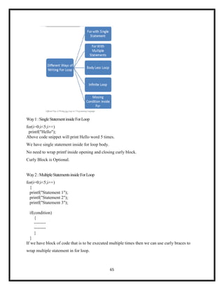 65
Way1:SingleStatementinsideForLoop
for(i=0;i<5;i++)
printf("Hello");
Above code snippet will print Hello word 5 times.
We have single statement inside for loop body.
No need to wrap printf inside opening and closing curly block.
Curly Block is Optional.
Way2:MultipleStatementsinsideForLoop
for(i=0;i<5;i++)
{
printf("Statement 1");
printf("Statement 2");
printf("Statement 3");
if(condition)
{
--------
--------
}
}
If we have block of code that is to be executed multiple times then we can use curly braces to
wrap multiple statement in for loop.
 