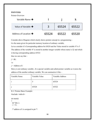 98
POINTERS
Pointer Overview
Consider above Diagram which clearly shows pointer concept in c programming –
i is the name given for particular memory location of ordinary variable.
Let us consider it‘s Corresponding address be 65624 and the Value stored in variable „i‟ is 5
The address of the variable „i‟ is stored in another integer variable whose name is „j‟ and which
is having corresponding address 65522
thus we can say that –
j = &i;
i.e
j = Address of i
Here j is not ordinary variable , It is special variable and called pointer variable as it stores the
address of the another ordinary variable. We can summarize it like –
Variable Name Variable Value Variable Address
i 5 65524
j 65524 65522
B. C Pointer Basic Example:
#include <stdio.h>
int main()
{
int *ptr, i;
i = 11;
/* address of i is assigned to ptr */
 