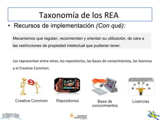 Taxonomía de los REA   <ul><li>Recursos de implementación  (Con qué): </li></ul>Mecanismos que regulan, recomiendan y orie...