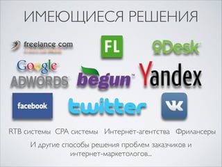 RTB системы CPA системы Интернет-агентства Фрилансеры
И другие...
ИМЕЮЩИЕСЯ РЕШЕНИЯ
 
