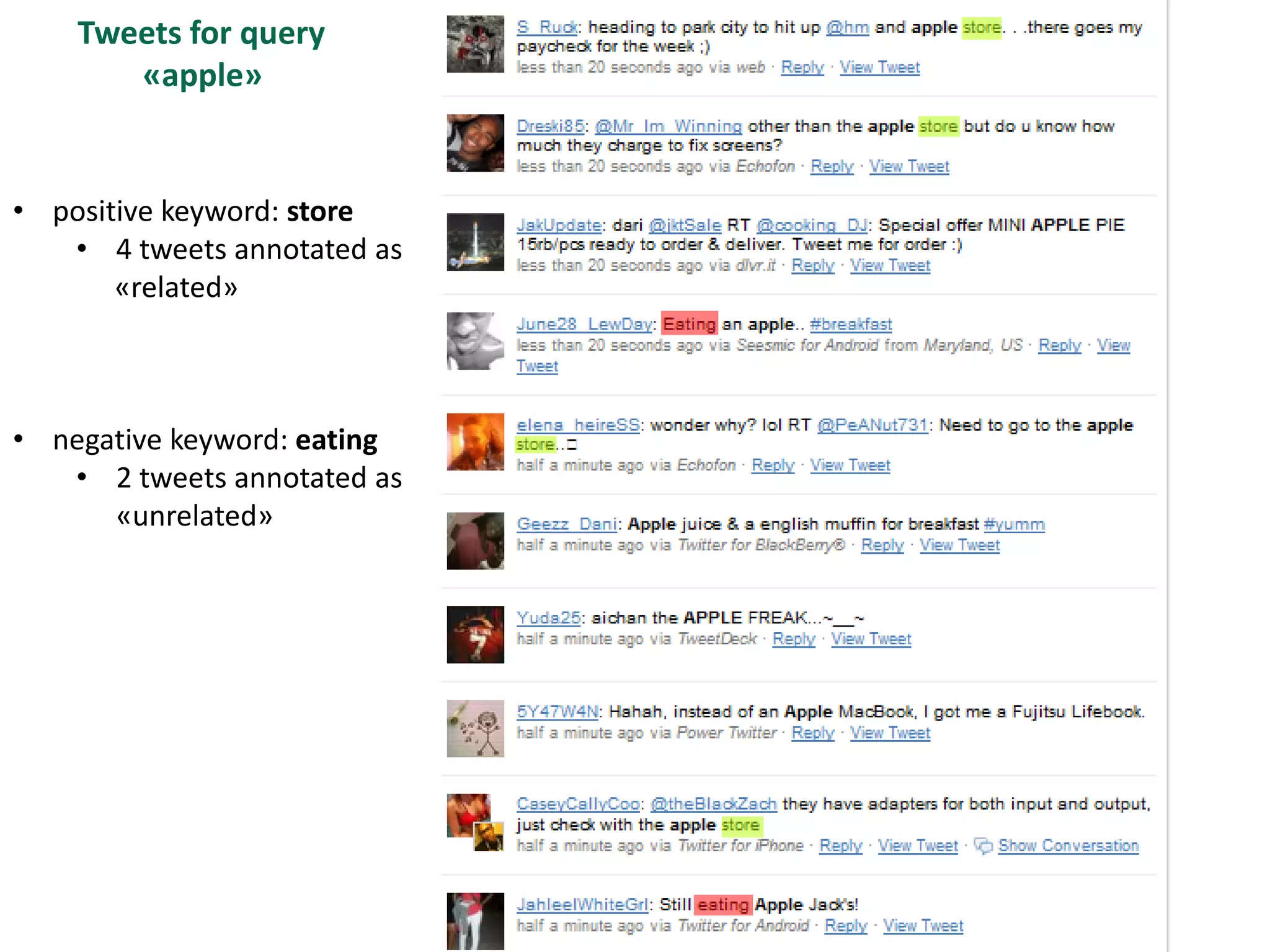 Tweets for query
       «apple»


• positive keyword: store
   • 4 tweets annotated as
       «related»



• negative keyword: eating
   • 2 tweets annotated as
      «unrelated»
 
