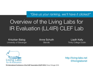 Overview of the Living Labs for
IR Evaluation (LL4IR) CLEF Lab
http://living-labs.net
@livinglabsnet
“Give us your ranking, we’ll have it clicked!”
Krisztian Balog

University of Stavanger
Liadh Kelly

Trinity College Dublin
Anne Schuth

Blendle
7th International Conference of the CLEF Association (CLEF 2016) | Évora, Portugal, 2016
 