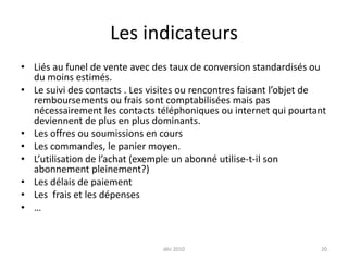 Les indicateurs Liés au funel de vente avec des taux de conversion standardisés ou du moins estimés.Le suivi des contacts . Les visites ou rencontres faisant l’objet de remboursements ou frais sont comptabilisées mais pas nécessairement les contacts téléphoniques ou internet qui pourtant deviennent de plus en plus dominants.Les offres ou soumissions en cours Les commandes, le panier moyen.L’utilisation de l’achat (exemple un abonné utilise-t-il son abonnement pleinement?)  Les délais de paiementLes  frais et les dépenses …déc 201020