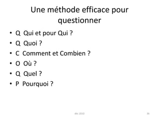 déc 201036Une méthode efficace pour questionnerQ  Qui et pour Qui ?Q  Quoi ?C  Comment et Combien ?O  Où ?Q  Quel ?P  Pourquoi ?
