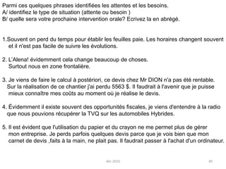 déc 201040Parmi ces quelques phrases identifiées les attentes et les besoins.A/ identifiez le type de situation (attente ou besoin ) B/ quelle sera votre prochaine intervention orale? Ecrivez la en abrégé.Souvent on perd du temps pour établir les feuilles paie. Les horaires changent souvent     et il n'est pas facile de suivre les évolutions.2. L’Alena! évidemment cela change beaucoup de choses. Surtout nous en zone frontalière.3. Je viens de faire le calcul à postériori, ce devis chez Mr DION n'a pas été rentable. Sur la réalisation de ce chantier j'ai perdu 5563 $. Il faudrait à l'avenir que je puisse mieux connaître mes coûts au moment où je réalise le devis.4. Évidemment il existe souvent des opportunités fiscales, je viens d'entendre à la radio que nous pouvions récupérer la TVQ sur les automobiles Hybrides.5. Il est évident que l'utilisation du papier et du crayon ne me permet plus de gérer mon entreprise. Je perds parfois quelques devis parce que je vois bien que mon carnet de devis ,faits à la main, ne plait pas. Il faudrait passer à l'achat d'un ordinateur.