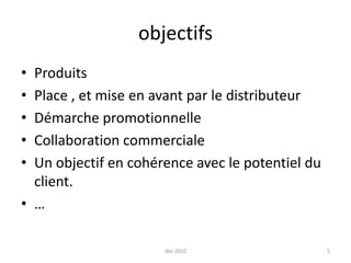 objectifsProduitsPlace , et mise en avant par le distributeur Démarche promotionnelleCollaboration commercialeUn objectif en cohérence avec le potentiel du client.…déc 20105