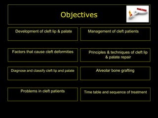 Objectives
Development of cleft lip & palate

Factors that cause cleft deformities

Management of cleft patients

Principles & techniques of cleft lip
& palate repair

Diagnose and classify cleft lip and palate

Alveolar bone grafting

Problems in cleft patients

Time table and sequence of treatment

 