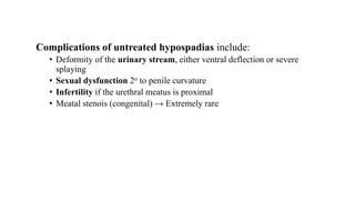 Complications of untreated hypospadias include:
• Deformity of the urinary stream, either ventral deflection or severe
splaying
• Sexual dysfunction 2o to penile curvature
• Infertility if the urethral meatus is proximal
• Meatal stenois (congenital) → Extremely rare
 