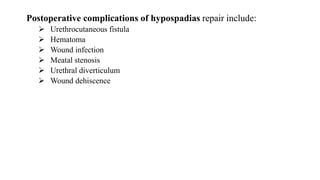 Postoperative complications of hypospadias repair include:
 Urethrocutaneous fistula
 Hematoma
 Wound infection
 Meatal stenosis
 Urethral diverticulum
 Wound dehiscence
 