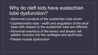 Why do cleft kids have eustachian
tube dysfunction?
•Abnormal curvature of the eustachian tube lumen
•Cephalometric data - width and angulation of the skull
base with respect to the eustachian tube are different
•Abnormal insertions of the tensor and levator veli
palatini muscles into the cartilages and skull base
•Palatal muscle dysfunction
 