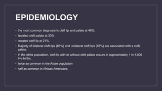 EPIDEMIOLOGY
• the most common diagnosis is cleft lip and palate at 46%,
• Isolated cleft palate at 33%
• isolated cleft lip at 21%.
• Majority of bilateral cleft lips (86%) and unilateral cleft lips (68%) are associated with a cleft
palate.
• In the white population, cleft lip with or without cleft palate occurs in approximately 1 in 1,000
live births.
• twice as common in the Asian population
• half as common in African Americans
 