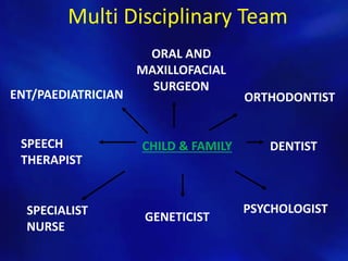 Multi Disciplinary Team 
ORAL AND 
MAXILLOFACIAL 
SURGEON 
CHILD & FAMILY 
SPEECH 
THERAPIST 
SPECIALIST 
NURSE 
ORTHODONTIST 
DENTIST 
GENETICIST 
ENT/PAEDIATRICIAN 
PSYCHOLOGIST 
 