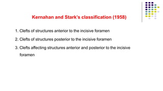 Kernahan and Stark’s classification (1958)
1. Clefts of structures anterior to the incisive foramen
2. Clefts of structures posterior to the incisive foramen
3. Clefts affecting structures anterior and posterior to the incisive
foramen
 