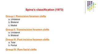 Spina’s classification (1973)
Group I: Preincisive foramen clefts
a. Unilateral
b. Bilateral
c. Medial
Group II: Transincisive foramen clefts
a. Unilateral
b. Bilateral
Group III: Post incisive foramen clefts
a. Total
b. Partial
Group IV: Rare facial clefts
 